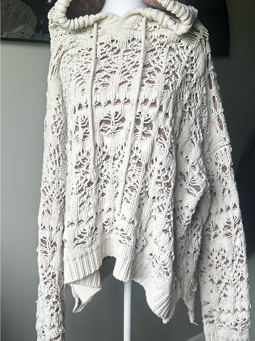 POL Open-Knit Hooded Sweater - Cream and multicolored interior size L